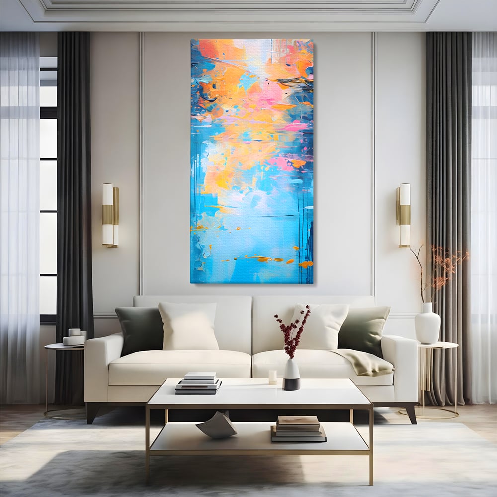 Tablou canvas cu pictura abstracta cu reflexii colorate, fara rama, pe sasiu de lemn, pe perete intr-un living